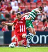 5 June 2023; David Cawley of Sligo Rovers in action against Sean Gannon of Shamrock Rovers during the SSE Airtricity Men's Premier Division match between Sligo Rovers and Shamrock Rovers at The Showgrounds in Sligo. Photo by Piaras Ó Mídheach/Sportsfile