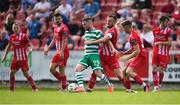 5 June 2023; Jack Byrne of Shamrock Rovers in action against David Cawley of Sligo Rovers during the SSE Airtricity Men's Premier Division match between Sligo Rovers and Shamrock Rovers at The Showgrounds in Sligo. Photo by Piaras Ó Mídheach/Sportsfile