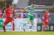 5 June 2023; Gary O'Neill of Shamrock Rovers in action against Lukas Browning of Sligo Rovers during the SSE Airtricity Men's Premier Division match between Sligo Rovers and Shamrock Rovers at The Showgrounds in Sligo. Photo by Piaras Ó Mídheach/Sportsfile