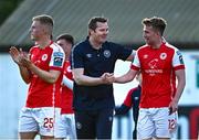 5 June 2023; St Patrick's Athletic manager Jon Daly and Harry Brockbank of St Patrick's Athletic after their side's victory in the SSE Airtricity Men's Premier Division match between St Patrick's Athletic and Derry City at Richmond Park in Dublin. Photo by Harry Murphy/Sportsfile