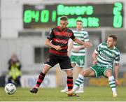 2 June 2023; Keith Ward of Dundalk in action against Liam Burt of Shamrock Rovers during the SSE Airtricity Men's Premier Division match between Shamrock Rovers and Dundalk at Tallaght Stadium in Dublin. Photo by Stephen McCarthy/Sportsfile