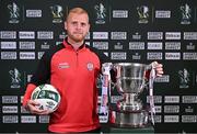 6 June 2023; In attendance at the Sports Direct Men's and Women's FAI Cup First Round draws at the Conference Centre on the Sports Ireland Campus in Dublin, is Mark Connolly of Derry City with the Sport Direct Men's FAI Cup. Photo by Sam Barnes/Sportsfile