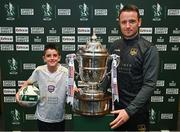 6 June 2023; In attendance at the Sports Direct Men's and Women's FAI Cup First Round draws at the Conference Centre on the Sports Ireland Campus in Dublin, are Brendan Clarke of Galway United and his son Zac, aged 11, with the Sport Direct Men's FAI Cup. Photo by Sam Barnes/Sportsfile