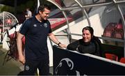 5 June 2023; St Patrick's Athletic manager Jon Daly and Derry City head coach Ruaidhrí Higgins before the SSE Airtricity Men's Premier Division match between St Patrick's Athletic and Derry City at Richmond Park in Dublin. Photo by Harry Murphy/Sportsfile