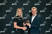 7 June 2023; PwC GPA Women’s Player of the Month winner Down camogie player Dearbhla Magee receives her award from PwC Managing Partner Feargal O’Rourke during the PwC GAA/GPA Player of the Month and PwC GPA Women’s Player of the Month Awards at PwC offices in Dublin. Photo by Sam Barnes/Sportsfile