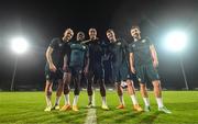 7 June 2023; Republic of Ireland players, from left, Troy Parrott, Michael Obafemi, Adam Idah, Evan Ferguson and Mikey Johnston after a training session at Calista Sports Centre in Antalya, Turkey. Photo by Stephen McCarthy/Sportsfile