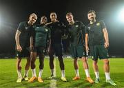 7 June 2023; Republic of Ireland players, from left, Troy Parrott, Michael Obafemi, Adam Idah, Evan Ferguson and Mikey Johnston after a training session at Calista Sports Centre in Antalya, Turkey. Photo by Stephen McCarthy/Sportsfile