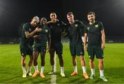 7 June 2023; Republic of Ireland players, from left, Troy Parrott, Michael Obafemi, Adam Idah, Evan Ferguson and Mikey Johnston after a training session at Calista Sports Centre in Antalya, Turkey. Photo by Stephen McCarthy/Sportsfile