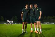 7 June 2023; Republic of Ireland players, from left, Jamie McGrath, Evan Ferguson and Darragh Lenihan after a training session at Calista Sports Centre in Antalya, Turkey. Photo by Stephen McCarthy/Sportsfile