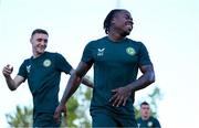 7 June 2023; Michael Obafemi and Jack Taylor, left, during a Republic of Ireland training session at Calista Sports Centre in Antalya, Turkey. Photo by Stephen McCarthy/Sportsfile