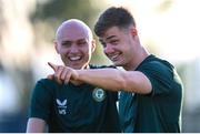 7 June 2023; Evan Ferguson and Will Smallbone, left, during a Republic of Ireland training session at Calista Sports Centre in Antalya, Turkey. Photo by Stephen McCarthy/Sportsfile