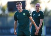 7 June 2023; Evan Ferguson and Will Smallbone, right, during a Republic of Ireland training session at Calista Sports Centre in Antalya, Turkey. Photo by Stephen McCarthy/Sportsfile