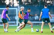7 June 2023; Adam Idah is tackled by Troy Parrott, left, during a Republic of Ireland training session at Calista Sports Centre in Antalya, Turkey. Photo by Stephen McCarthy/Sportsfile