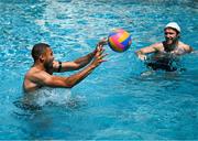 8 June 2023; Goalkeeper Gavin Bazunu, left, and Jeff Hendrick during a Republic of Ireland pool recovery session at the Calista Luxury Resort in Antalya, Turkey. Photo by Stephen McCarthy/Sportsfile