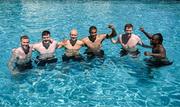 8 June 2023; The winning waterpolo team, from left, James McClean, Evan Ferguson, Will Smallbone, Gavin Bazunu, Nathan Collins and Michael Obafemi during a Republic of Ireland pool recovery session at the Calista Luxury Resort in Antalya, Turkey. Photo by Stephen McCarthy/Sportsfile