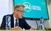 8 June 2023; FAI chief executive Jonathan Hill speaking during the FAI Facilities Strategy launch at the FAI Headquarters in Abbotstown, Dublin. Photo by Seb Daly/Sportsfile
