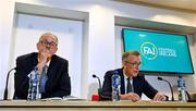 8 June 2023; FAI chairperson Roy Barrett, left, and FAI chief executive Jonathan Hill during the FAI Facilities Strategy launch at the FAI Headquarters in Abbotstown, Dublin. Photo by Seb Daly/Sportsfile