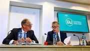 8 June 2023; FAI chairperson Roy Barrett, left, and FAI chief executive Jonathan Hill during the FAI Facilities Strategy launch at the FAI Headquarters in Abbotstown, Dublin. Photo by Seb Daly/Sportsfile