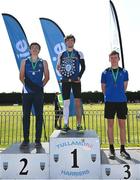 3 June 2023; Senior boys pole vault medallists, Joshua Fitzgerald of Colaiste Muire Crosshaven, Cork, gold, centre, Finn O'Neil of Limavady GS, Derry, silver, left, and Padraig Ryan of Lusk CC, Dublin, bronze, right, during the 123.ie All Ireland Schools' Track and Field Championships at Tullamore in Offaly. Photo by Sam Barnes/Sportsfile