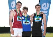 3 June 2023; Intermediate boys Javelin medallists, Aaron Crowley of Ballinrobe Community School, Mayo, gold, centre, Andrew Scanlon of St Declans Kilmacthomas, Waterford, silver, left, and Rory Taylor of Newbridge College, Kildare, bronze, right, during the 123.ie All Ireland Schools' Track and Field Championships at Tullamore in Offaly. Photo by Sam Barnes/Sportsfile