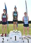 3 June 2023; Senior boys 5000m medallists, Jonas Stafford of East Glendalough, Wicklow, gold, centre, Billy Coogan of CBS Kilkenny, silver, left, and Sean Lawton of Colaiste Pobail Bheanntrai, Cork, bronze, right, during the 123.ie All Ireland Schools' Track and Field Championships at Tullamore in Offaly. Photo by Sam Barnes/Sportsfile