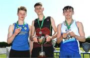 3 June 2023; Intermediate boys pole vault medallists, Jamie Hyland of Carlow CBS, gold, centre, James Rochford of Rice College Ennis, Clare, silver, left, and Lee Prendergast of Tyndall College, Carlow, bronze, right, during the 123.ie All Ireland Schools' Track and Field Championships at Tullamore in Offaly. Photo by Sam Barnes/Sportsfile
