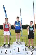 3 June 2023; Intermediate boys Javelin medallists, Aaron Crowley of Ballinrobe Community School, Mayo, gold, Andrew Scanlon of St Declans Kilmacthomas, Waterford, silver, and Rory Taylor of Newbridge College, Kildare, bronze, during the 123.ie All Ireland Schools' Track and Field Championships at Tullamore in Offaly. Photo by Sam Barnes/Sportsfile