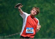 3 June 2023; Anthony Wynne of St Colmans College Claremorris, Mayo, competes in the senior boys discus during the 123.ie All Ireland Schools' Track and Field Championships at Tullamore in Offaly. Photo by Sam Barnes/Sportsfile