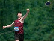 3 June 2023; Luke Ward of St Columbas Glenties, Donegal, competes in the senior boys discus during the 123.ie All Ireland Schools' Track and Field Championships at Tullamore in Offaly. Photo by Sam Barnes/Sportsfile