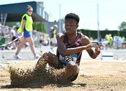 3 June 2023; David Igwe of De La Salle, Waterford, competes in the senior boys long jump during the 123.ie All Ireland Schools' Track and Field Championships at Tullamore in Offaly. Photo by Sam Barnes/Sportsfile