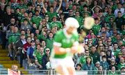 28 May 2023; Limerick supporters in the Mackey Stand watch Aaron Gillane take a shot during the Munster GAA Hurling Senior Championship Round 5 match between Limerick and Cork at TUS Gaelic Grounds in Limerick. Photo by Daire Brennan/Sportsfile