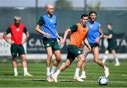 9 June 2023; Josh Cullen with Will Smallbone, left, and Jeff Hendrick, right, during a Republic of Ireland training session at Calista Sports Centre in Antalya, Turkey. Photo by Stephen McCarthy/Sportsfile