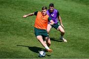 9 June 2023; Evan Ferguson, left, and Darragh Lenihan during a Republic of Ireland training session at Calista Sports Centre in Antalya, Turkey. Photo by Stephen McCarthy/Sportsfile