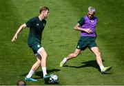 9 June 2023; Nathan Collins and Troy Parrott, right, during a Republic of Ireland training session at Calista Sports Centre in Antalya, Turkey. Photo by Stephen McCarthy/Sportsfile