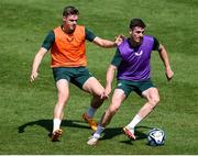 9 June 2023; Darragh Lenihan and Evan Ferguson, left, during a Republic of Ireland training session at Calista Sports Centre in Antalya, Turkey. Photo by Stephen McCarthy/Sportsfile