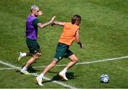 9 June 2023; Jeff Hendrick and Troy Parrott, left, during a Republic of Ireland training session at Calista Sports Centre in Antalya, Turkey. Photo by Stephen McCarthy/Sportsfile