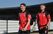 9 June 2023; Derry City players Ciarán Coll, left, and Jamie McGonigle arrive before the SSE Airtricity Men's Premier Division match between Derry City and Bohemians at The Ryan McBride Brandywell Stadium in Derry. Photo by Seb Daly/Sportsfile