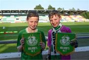 9 June 2023; Shamrock Rovers supporters Reece, left, and Senan O'Brien before the SSE Airtricity Men's Premier Division match between Shamrock Rovers and UCD at Tallaght Stadium in Dublin. Photo by Harry Murphy/Sportsfile