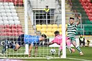 9 June 2023; Jack Byrne of Shamrock Rovers shoots to score his side's second goal despite the attention of UCD goalkeeper Kian Moore during the SSE Airtricity Men's Premier Division match between Shamrock Rovers and UCD at Tallaght Stadium in Dublin. Photo by Harry Murphy/Sportsfile