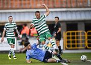 9 June 2023; Graham Burke of Shamrock Rovers is tackled by Brendan Barr of UCD during the SSE Airtricity Men's Premier Division match between Shamrock Rovers and UCD at Tallaght Stadium in Dublin. Photo by Harry Murphy/Sportsfile