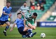 9 June 2023; Aaron Greene of Shamrock Rovers is tackled by Adam Wells of UCD, resulting in Aaron Greene of Shamrock Rovers going off imjured, during the SSE Airtricity Men's Premier Division match between Shamrock Rovers and UCD at Tallaght Stadium in Dublin. Photo by Harry Murphy/Sportsfile