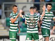 9 June 2023; Graham Burke of Shamrock Rovers, left, celebrates with teammates after scoring his side's third goal during the SSE Airtricity Men's Premier Division match between Shamrock Rovers and UCD at Tallaght Stadium in Dublin. Photo by Harry Murphy/Sportsfile