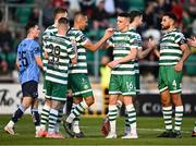 9 June 2023; Graham Burke of Shamrock Rovers, centre, celebrates with teammate Gary O'Neill after scoring his side's third goal during the SSE Airtricity Men's Premier Division match between Shamrock Rovers and UCD at Tallaght Stadium in Dublin. Photo by Harry Murphy/Sportsfile