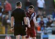 9 June 2023; Ryan Brennan of Drogheda United protests to referee Paul McLaughlin after his side concede a penalty during the SSE Airtricity Men's Premier Division match between Drogheda United and St Patrick's Athletic at Weaver's Park in Drogheda, Louth. Photo by Tyler Miller/Sportsfile