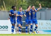 9 June 2023; Ronan Coughlan of Waterford, right, celebrates after scoring his side's second goal with teammates during the SSE Airtricity Men's First Division match between Waterford and Bray Wanderers at RSC in Waterford. Photo by Michael P Ryan/Sportsfile