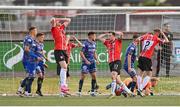 9 June 2023; Derry City players, from left, Ryan Graydon, Cameron McJannet and Ronan Boyce, 2, react during the SSE Airtricity Men's Premier Division match between Derry City and Bohemians at The Ryan McBride Brandywell Stadium in Derry. Photo by Seb Daly/Sportsfile