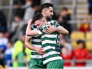 9 June 2023; Kieran Cruise of Shamrock Rovers celebrates with teammate Neil Farrugia after scoring his side's fourth goal during the SSE Airtricity Men's Premier Division match between Shamrock Rovers and UCD at Tallaght Stadium in Dublin. Photo by Harry Murphy/Sportsfile