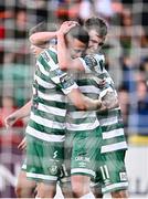 9 June 2023; Kieran Cruise of Shamrock Rovers celebrates with teammate Gary O'Neill after scoring his side's fourth goal during the SSE Airtricity Men's Premier Division match between Shamrock Rovers and UCD at Tallaght Stadium in Dublin. Photo by Harry Murphy/Sportsfile