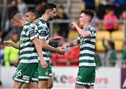9 June 2023; Kieran Cruise of Shamrock Rovers, right, celebrates with teammate Neil Farrugia after scoring his side's fourth goal during the SSE Airtricity Men's Premier Division match between Shamrock Rovers and UCD at Tallaght Stadium in Dublin. Photo by Harry Murphy/Sportsfile