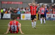 9 June 2023; Adam O'Reilly of Derry City reacts at the final whistle after the SSE Airtricity Men's Premier Division match between Derry City and Bohemians at The Ryan McBride Brandywell Stadium in Derry. Photo by Seb Daly/Sportsfile